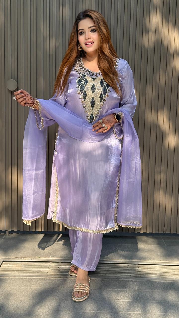 Nayira Suit Set- Gray, Maroon, Lavender